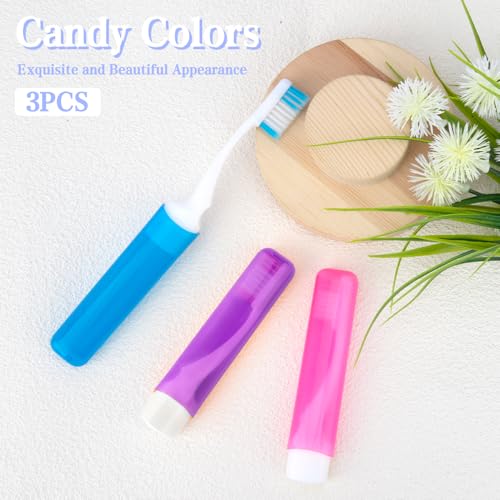Travel Toothbrush 3Pcs Travel Toothbrush Set Mini Toothbrushes Soft Portable Toothbrushes Travels with Tooth Brush Cover Small Folding Toothbrush Individually Wrapped for Camping Purple Pink Blue - color: Purple+pink+blue, size: 1 Count (Pack of 3)