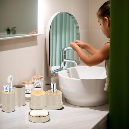 IMAVO Bathroom Accessory Set-11Pcs Beige Bathroom Accessories Set with Trash Can,Soap Dispenser,Soap Dish,Toothbrush Holder,Toothbrush Cup,Toilet Brush Holder,Qtip Holder Dispenser with Labels - color: Apricot, size: 11 PCS Bathroom Set