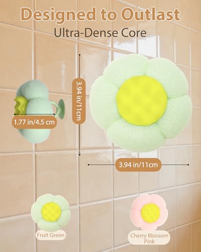 2 Pcs Bath Sponge, 2026 Upgrade Super Soft Yellow Flower-Shaped Suction Cup Bath Sponge, Upgraded 2-in-1 Flower-Shaped Ball Exfoliating Bath loofah Cleaning Brush, Mesh Shower Body Sponge(2 Color - style: Green+Light Pink