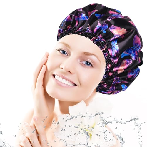 4 PCS Shower Cap for Women, Elastic and Reusable Bath Caps, Double Layers Shower Caps Reusable Waterproof, Bathing Shower Caps, Environmental Bath Hair Protection Cap - Butterfly A - color: Butterfly A