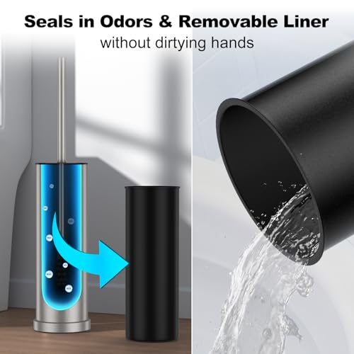 Stain Nickel Toilet Brush and Holder Set，Stainless Steel Heavy Duty Toilet Bowl Brush，Extra Long Handled Modern Toilet Cleaner Brush with Replaceable Head, Removable Inner Bowl, and Splash Protection