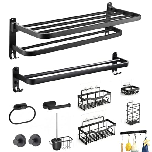 12-Piece No Drill Matte Black Bathroom Hardware Set, 23 Inch Wall Mounted Towel Rack & Towel Bar, Rustproof Stainless Steel Bathroom Organizer Storage, Toilet Brush, Large Capacity