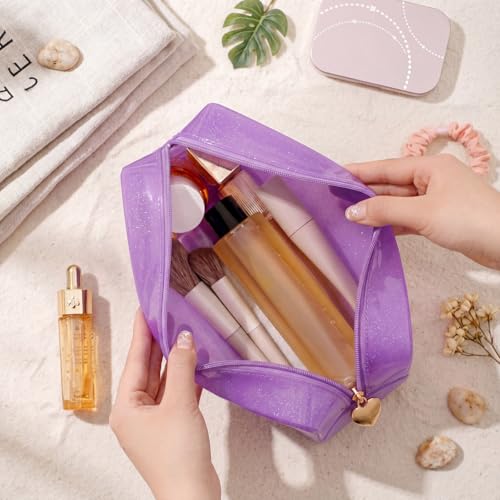 RSRSLEII Stardust Twinkle Jelly Travel Makeup & Toiletry Bag, Waterproof PVC Cosmetic Bag/Case for Women，Zipper SPF Beach Bag for Sunscreen Skincare and Daily Essentials (07Purple-Large) - color: 07Purple-Large