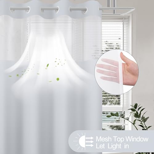 No Hook Shower Curtain with Snap in Liner, Light Grey Shower Curtains and Liner Set, Hotel Fabric Bath Curtain for Bathroom, Mesh Top Window Waterproof Washable, 71" x 74" - color: Light Grey, size: 71"W x 74"L (Pack of 1)
