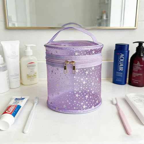 Waterproof Pink Star PVC Makeup Bag - 7.1x6.3in Barrel Cosmetic Organizer with Zipper, Portable Toiletry Pouch for Women & Men (Purple) - color: Purple