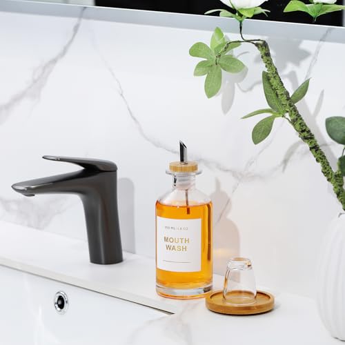 11.8OZ Glass Mouthwash Dispenser for Bathroom with Stainless Steel & Bamboo Nozzle, Mouthwash Cup Reusable, Bamboo Tray, and Elegant Gold Sticker.（Clear - color: Clear/350*1