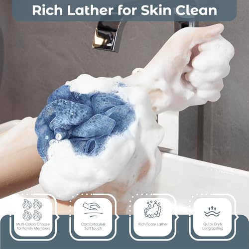 Rnoafmu Shower Loofah Bath Sponge, 60G Loofah Exfoliating Body Scrubber, 4 Color Mesh Shower Pouf Balls for Body Wash (Blue Gray Green Dark Green) - color: Blue Gray Green Dark Green