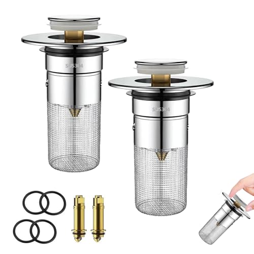 2 Pack Bathroom Sink Drain Strainer, Universal Sink Stopper with Hair Catcher Easy-Clean Pop-Up Stainless Steel Sink Strainer (F36)