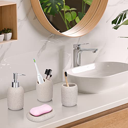 L'ARL GMVOI Bathroom Accessory Set,4 Piece Bathroom Decor Accessories Sets with Lotion Soap Dispenser,Toothbrush Holder,Bathroom Tumbler,Soap Dish for Bathroom Vanity Countertop Accessories,Beige - color: Beige