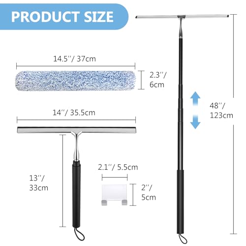 Squeegee for Shower Glass with Long Handle – Extends 13" to 48", Includes 2 Towel Sleeves, Replacement Silicone Blade & Hook, 14" Wide Blade for Glass, Mirrors, Windows & Tile Walls (Black)