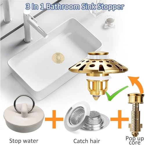 AzWzz Bathroom Sink Drain Strainer, 3 in 1 Pop Up Bathroom Sink Stopper Plug with Hair Catcher Cover, Universal for 1.06 in to 1.6 in Sink Drain, Brushed Gold - color: Brushed Gold, style: Bathroom Sink Stopper with Hair Catcher