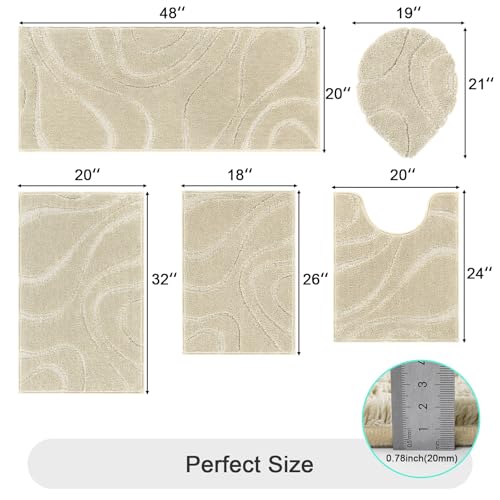 HEBE Bathroom Rugs Sets 5 Piece, Soft Absorbent Microfiber Bath Mat for Bathroom, Non Slip Washable Bath Rug Set with Toilet Cover, Bath Runner and U-Shaped Contour Toilet Rug, Light Beige - color: Light Beige, size: 18"x26"+20"x32"+20"x48"+U20"x24"+Cover