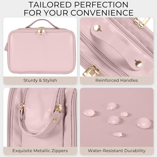 HauteHues Travel Makeup Bag Women's Large Capacity Cosmetic Portable Organizer Large Opening Waterproof Storage Toiletry Bags Vertical Free-Standing Brush Holder for Easy Access Pink - color: Pink