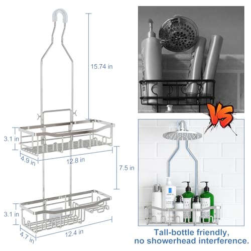 Upgraded Extended Length Shower Organizer with Hooks, Rustproof Shampoo Soap Holder, Large Hanging Bathroom Caddy, Silver - color: Silver - 2 Tier - Standard