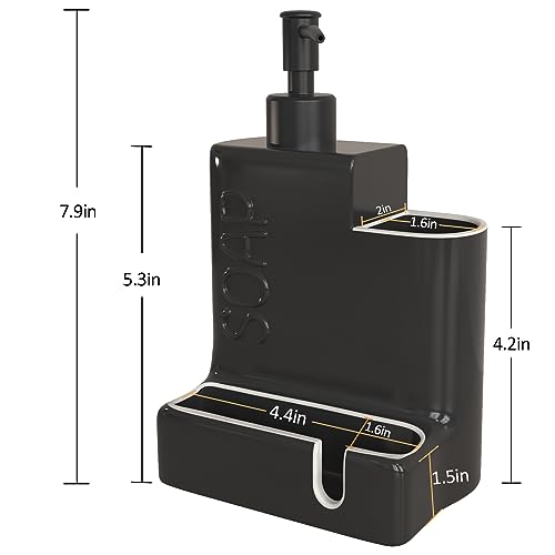 Soap Dispenser with Sponge Holder and Brush Holder, Ceramic Dish Soap Dispenser Pump, 3 in 1 Liquid Hand Soap Organizer with Funnel for Kitchen Sink Countertop, Matte Black - style: Embossed “SOAP”Design-Matte Black