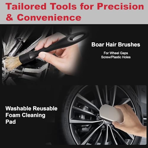 9PCS Wheel Detailing Kit Metal-Free Scratch-Free Boar Hair Rim Brush | Scratch-free boar hair & microfiber, dual-hardness tire pads, towel, storage bag, multi-vehicle wheel care gift set - color: 9