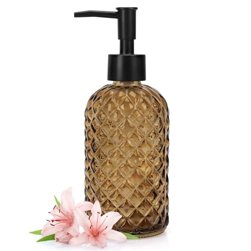 1 Pack 13.5oz Glass Soap Dispenser with Plastic Pump, Diamond Design Refillable Hand Soap Dispenser for Hand Wash, Bathroom and Kitchen (Amber) - color: Amber