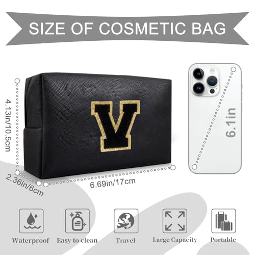 Personalized Initial A-Z Preppy Patch Makeup Bag,Small PU Chenille Letter Cosmetic Bag with Zipper for Teen Girls,Black Cute Toiletry Organizer Bag,Monogram Makeup Case Gift for Women Girls,Letter V - color: Black,Black-Letter, size: V
