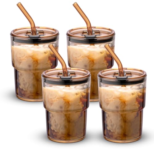 BLUEPOLAR 13 oz Tumbler Water Glass, Water Bottle with Straw and Dustproof Lid, Coffee Ice Cup Double Wall Insulated Glass Cup (Amber-4pack) - color: Amber-4pack