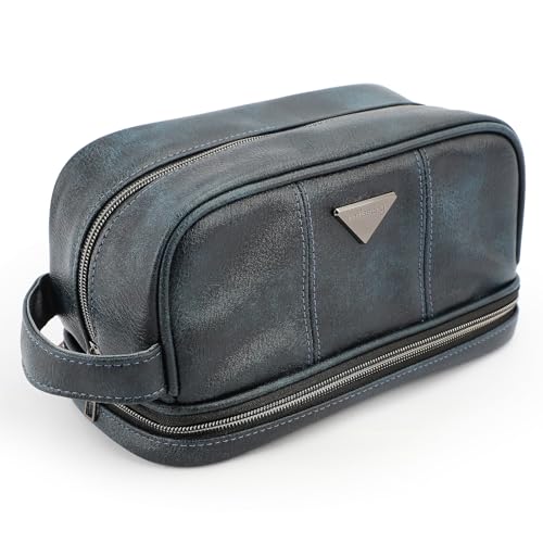 emissary Leather Travel Toiletry Bag for Men, Dopp Kit - Blue | Water-resistant leather, large capacity + organizer pockets; refined men's travel Dopp kit, carry-on ready - color: Blue