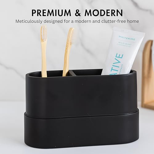Matte Black Large Toothbrush and Toothpaste Holder and Cup for Bathroom Vanity and Countertop, 2 Compartment Organizer for Electric Toothbrushes, Floss, Razors, Cotton, and Mouthwash - YEW DESIGN - color: Large Round Matte Black
