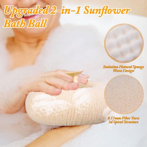 2Pcs Upgrade 2-in-1 Sunflower Bath Ball,Super Soft Sunflower Suction Cup Bath Ball，Bath Loofah with Suction Cup, Exfoliating Bath Sponges for Shower Women Men(Beige+Purple) - style: Beige+Purple