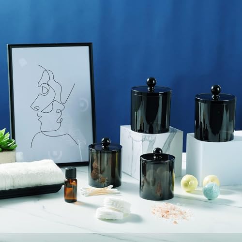SheeChung 4 Pack Qtip Holder, Cotton Round holder with Lids - (2) 12oz & (2) 10oz Qtip Jar - Shatterproof Bathroom Vanity Organizer for Cotton Swabs, Balls, Pads, Floss Picks (Black ) - size: 4pack