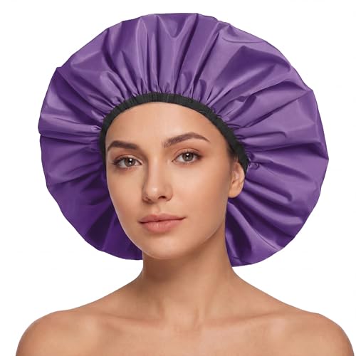 Extra Large Shower Cap for Women, Reusable Waterproof Shower Bonnet with Satin Lining, Double Layer Washable Bath Hair Cap for Braids, Locs, Long Thick Curly Hair, Natural Hair(Big Lavender) - color: Lavender