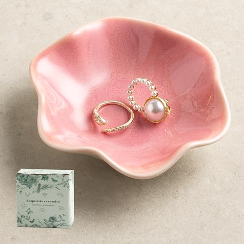 Ceramic Lotus Leaf Trinket Dish, Ring Holder for Jewelry | Keeps earrings, necklaces, keys, and keepsakes handy on vanities or nightstands, a sweet gift for moms, sisters, and friends - color: Pink