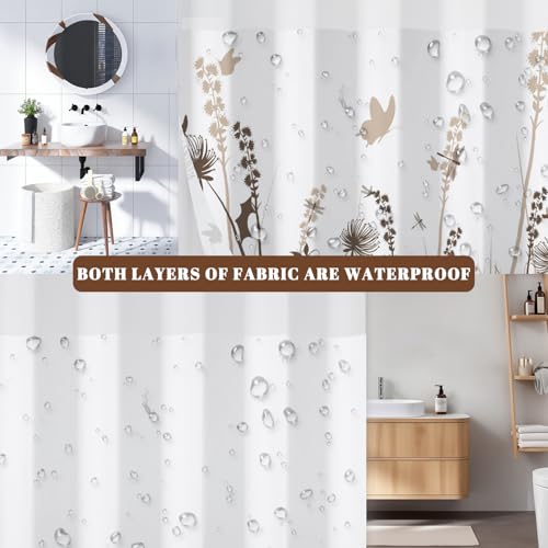 No Hook Shower Curtain with Snap in Liner Set, Neutral Meadow & Wildflower with Butterflies Print Shower Curtains for Modern Farmhouse Bathroom, Floral Bath Curtain with Mesh Top, 71x74 Inch - color: Brown Botanical