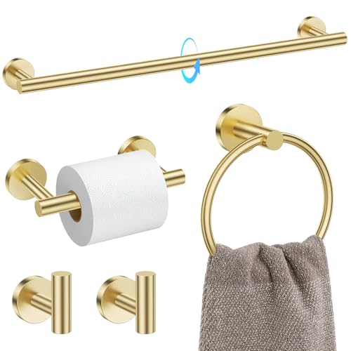 TQKAG Brushed Gold 5 Piece Bathroom Hardware Accessories Set 23.6" SUS304 Stainless Steel Bathroom Towel Bar Holder Sets Double Post Pivoting Toilet Paper Holder Set Wall Mounted - color: Brushed Gold, size: 5-Pieces Set-B