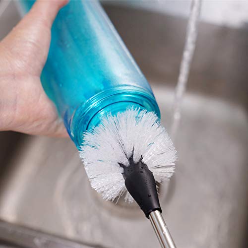 MOSOLAN 3-in-1 Stainless Steel Bottle Brush and Straw Cleaning Set, Long Handle Scrub Brush with Replaceable Head for Water Bottles, Glasswares, Mugs, Flasks, Tumblers, Vases, Flat Head - style: Flat Head