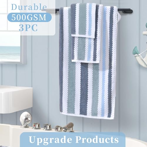 Waffle Towels for Bathroom-Quick Dry | Thick | Lightweight | 540GSM,Large Bath 30"x56", Hand 16"x27",Wash Cloths 13"x13",Cotton Polyester Blend Towels with Hanging Loops,Blue Gray Stripe and White - color: Blue-gray and White, size: 3 PC Bathroom Towel Se