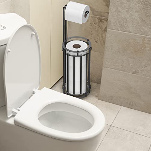 Meangood Toilet Paper Holder Stand and Tissue Paper Roll Dispenser for 4 Mega Rolls, Bathroom Free Standing Tissue Roll Storage Holder Rack, Detachable (Matte Black) - color: Black
