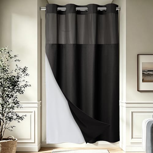 EUTXL Heavyweight Stall No Hook Shower Curtain with Snap in Liner,256GSM Waffle Weave Shower Curtains for Bathroom,54W x 74H,Black - color: Black, size: 54"W x 74"L (Pack of 1)