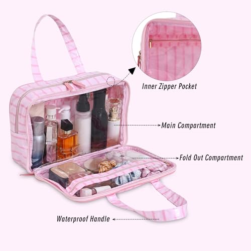 Travel Toiletry Bag for Women, Waterproof Clear Coated Portable Stripe Makeup Cosmetic Bag with Compartment, Travel Organizer for Shampoo, Conditioner, Brushes Set,Cosmetic Accessories(Pink Stripe) - color: Pink Stripe