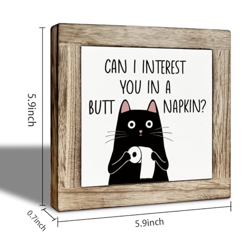 Funny Black Cat Bathroom Decor Wooden Sign, Can I Interest You in A Butt Napkin, Washroom Decoration for Table Shelf, Rustic Bathroom Wooden Table Top Decor 5.9×5.9 inch - color: color32