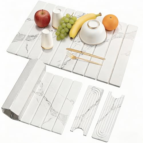 3PCS Set Large Stone Drying Mat for Kitchen Counter Foldable Collapsible Fast Drying Stone Dish Mat Water Absorbing Natural Diatomaceous Earth Bath Mat Quick Dry Stone Tray Bathroom Countertop, Marble - color: Marble White