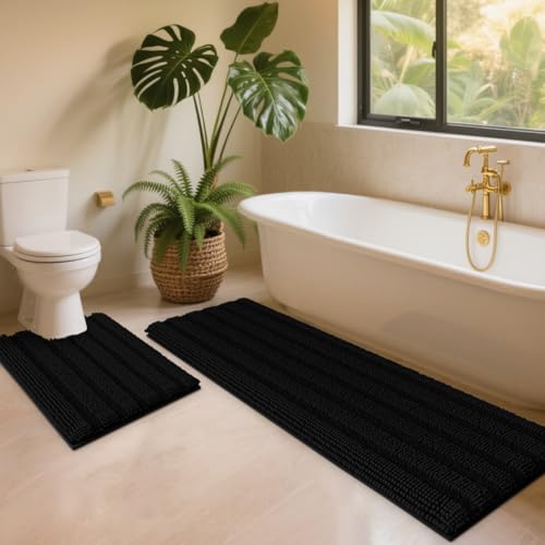 ACCUMTEK Striped Black Toilet Bathroom Rug Mat Set 2 piece Rug Ultra Soft, Non Slip Chenille Bath Rugs, Absorbent Plush Shaggy Bath Mats for Bathroom, Bedroom, Kitchen, Shower, Tub - color: Black, size: U Shape 2'x1'8"+4'x1'8"
