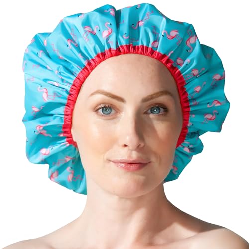 Reusable Shower & Bath Cap & Lined, Oversized Waterproof Shower Caps Large Designed for all Hair Lengths with PEVA Lining & Elastic Band Stretch Hem Hair Hat - Fashionista Flamingo Party - color: Flamingo Party