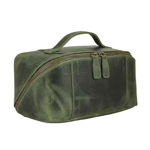 KomalC Luxury Leather Men’s Toiletry Travel Bag – Handmade Shaving Kit with Waterproof Interior, Spacious Storage & Carry Handle – leather travel Kit Bag for Men & Women (Green) - color: Green