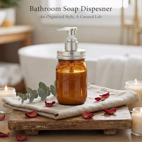 Amolliar Plastic Mason Jar Soap Dispenser with Pump Lid,16OZ Refillable Hand Soap Dispenser Set with Cute Lables - Farmhouse Decor for Kitchen Bathroom, Liquid Soap, Dish Soap, Lotion (2 Pack, Amber) - color: Amber Jar With Silver Pump