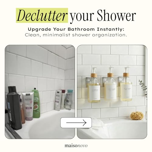 Shampoo and Conditioner Dispenser Wall Mounted Set of 3 Clear Bamboo - No Drill Shower Soap Dispenser for Bathroom Refillable - Spa Hotel Style Accessories by MaisoNovo - color: Clear Bamboo Set of 3
