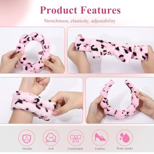 Face Washing Headband and Wristband Set, Leopard | Soft absorbent fabric, snug head-hugging fit for face washing, skincare, makeup, masks, travel, women and teen girls - color: Pink leopard print