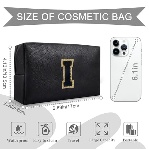 Personalized Initial A-Z Preppy Patch Makeup Bag,Small PU Chenille Letter Cosmetic Bag with Zipper for Teen Girls,Black Cute Toiletry Organizer Bag,Monogram Makeup Case Gift for Women Girls,Letter I - color: Black,Black-Letter, size: I