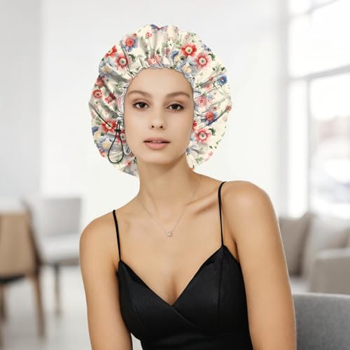 Shower Cap Adjustable Waterproof Double Layer Elastic Reusable Hair Bath Cap Cute Aesthetic for Women Girls-Pink Blue Floral - color: R7-Pink Blue Floral