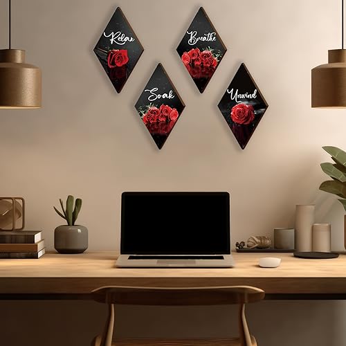 ONIZHITY Set of 4 Red Bathroom Decor Rose Wooden Wall Decor Flower Rustic Romantic Floral Farmhouse Wall Decor Modern Breathe Soak Unwind Relax Signs Red Decor for Room Kitchen Bathroom (12 x 7) - color: Red Rose