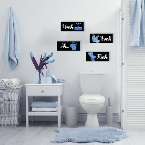 4 Pcs Blue Bathroom Decor Funny Blue And Black Wall Art Wooden Bathroom Accessories Modern Glitter for Home Toilet Decoration 10x4 Inches - color: Blue, size: 10 X 4 Inch