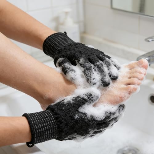 Exfoliating Bath Gloves 2 Pairs - Heavy Texture Body Scrub Gloves for Shower, Spa, Massage and Body Scrubs, Dead Skin Remover, Washing Gloves with Hanging Loop(Black) - color: Black