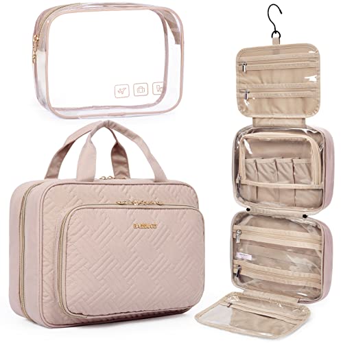 BAGSMART Toiletry Bag Hanging Travel Makeup Organizer with TSA Approved Transparent Cosmetic Bag Makeup Bag for Full Sized Toiletries, Medium-Pink - color: Pink, size: Medium